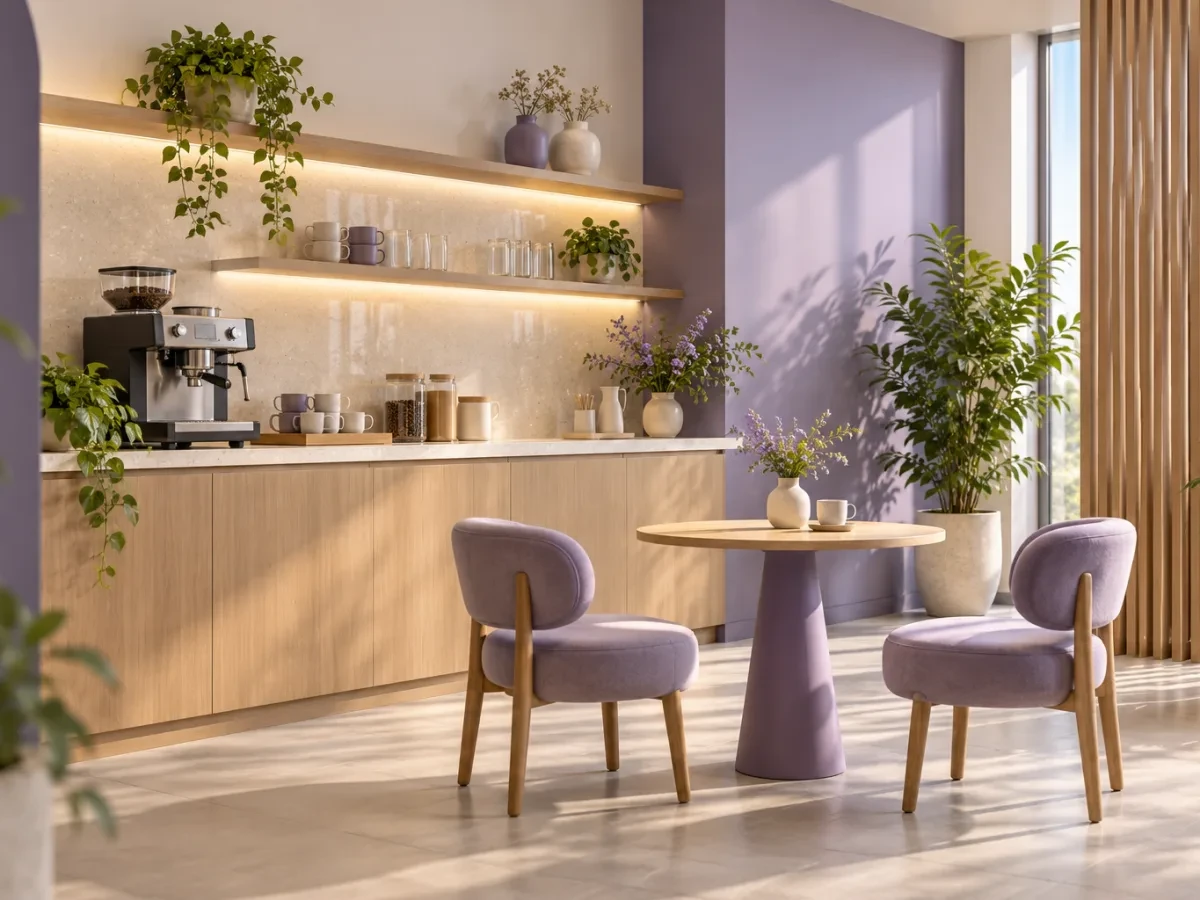 Văn phòng mở có cây xanh và bàn gỗ