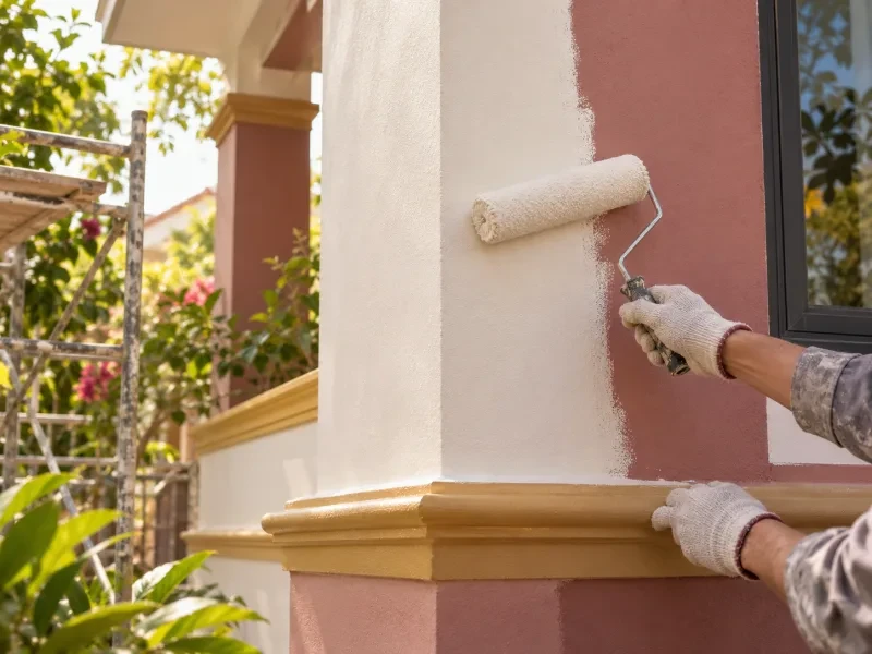 Góc tường ngoài đang lăn lớp phủ bảo vệ