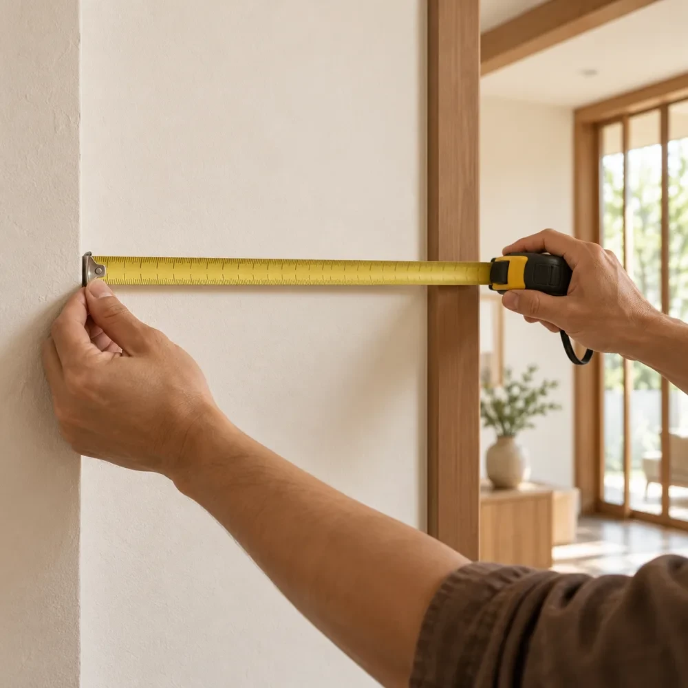 Bàn tay giữ thước cuộn đo trên tường trát
