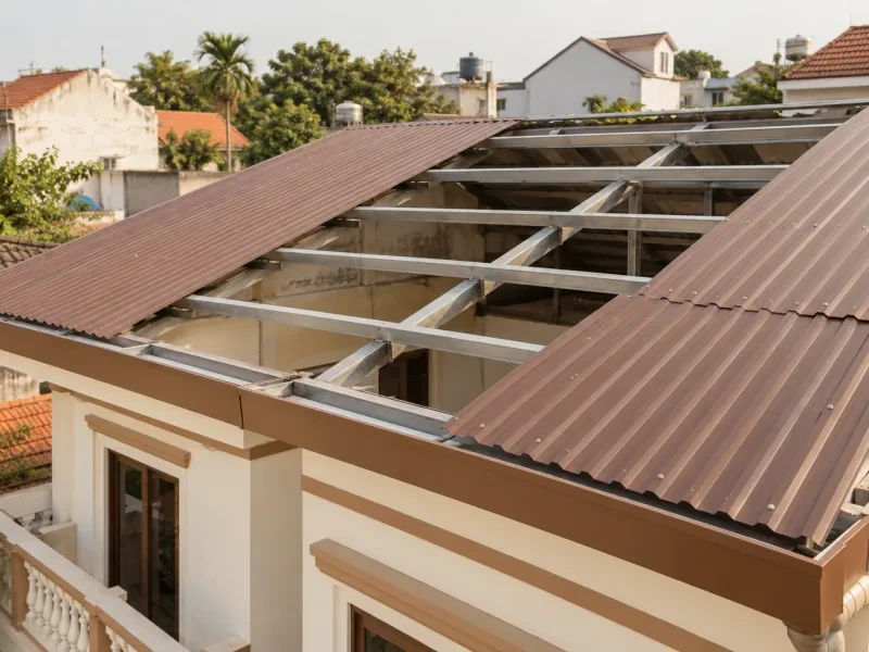Mái nhà đang lợp lại bằng tôn