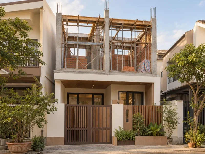 Nhà phố đang dựng thêm khung tầng trên
