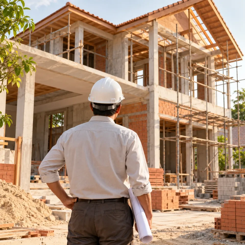 Người giám sát đội mũ bảo hộ nhìn từ phía sau trước khung nhà đang xây