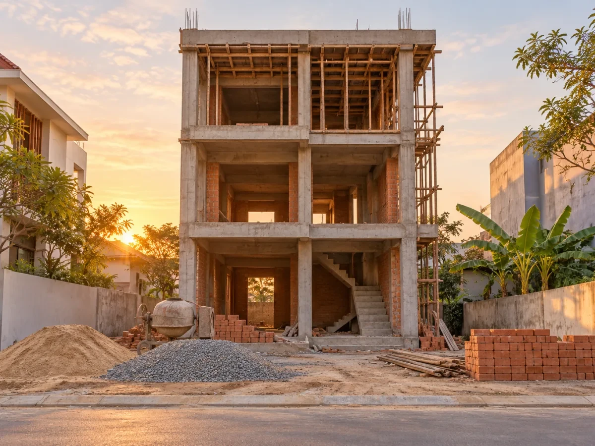 Khung bê tông nhà phố nhìn từ đường lúc sáng sớm