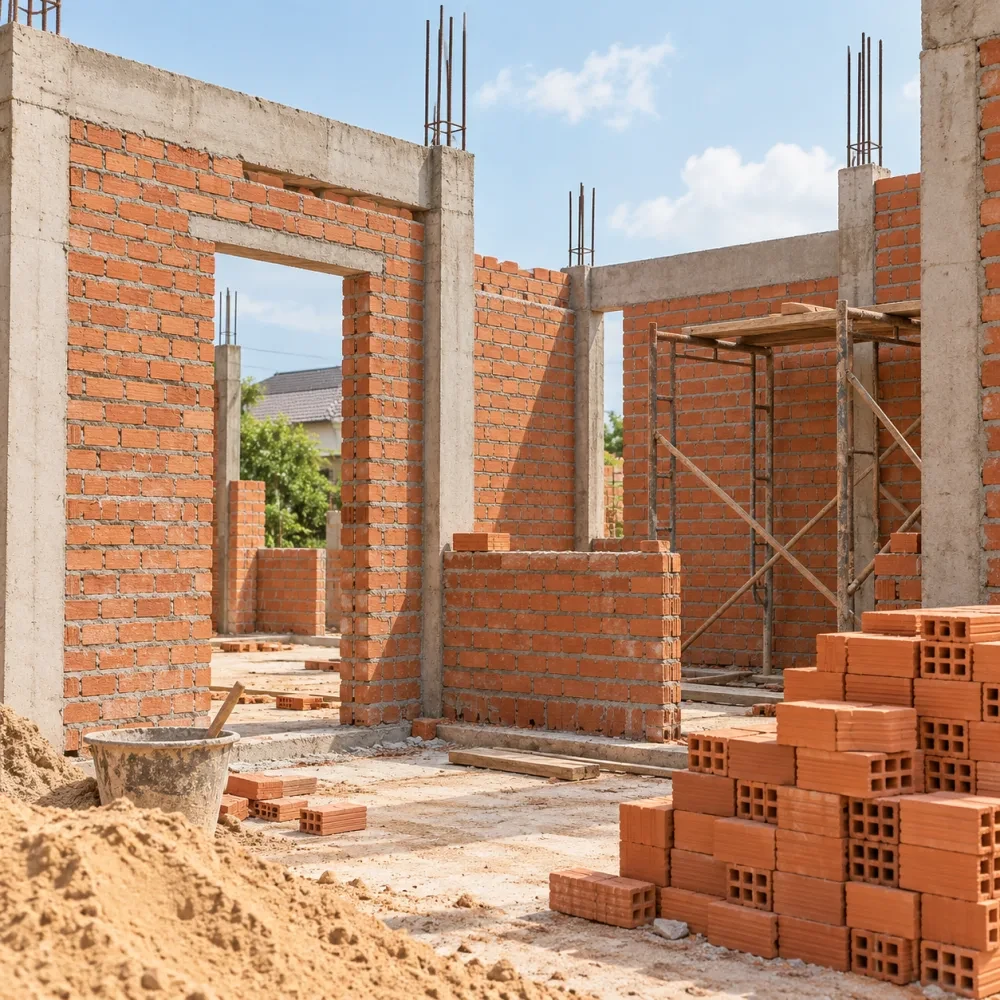 Tường gạch đang xây trên công trường