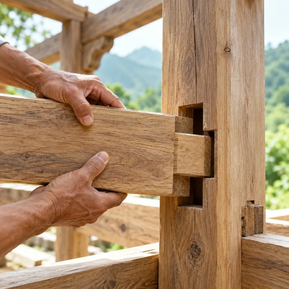 Cận cảnh mối mộng gỗ trên thanh xà, chỉ thấy tay