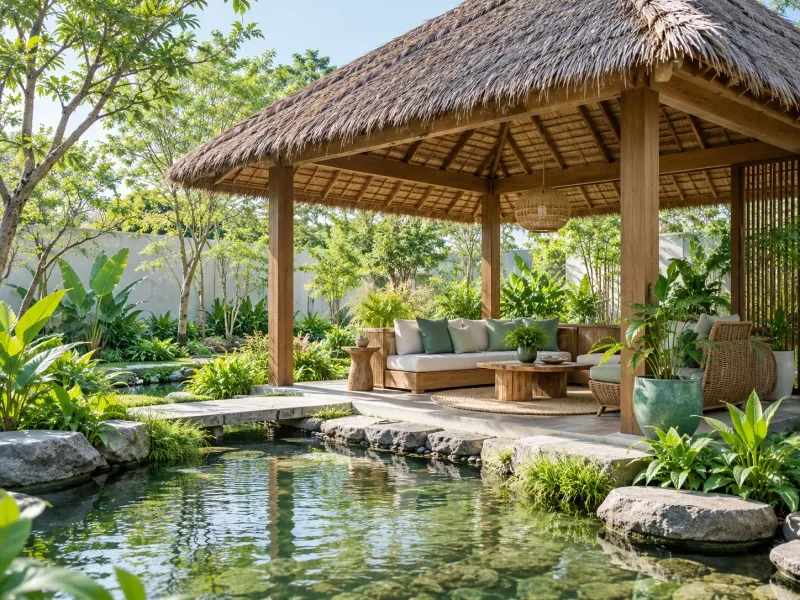 Chòi gỗ mở có mái lá trong vườn