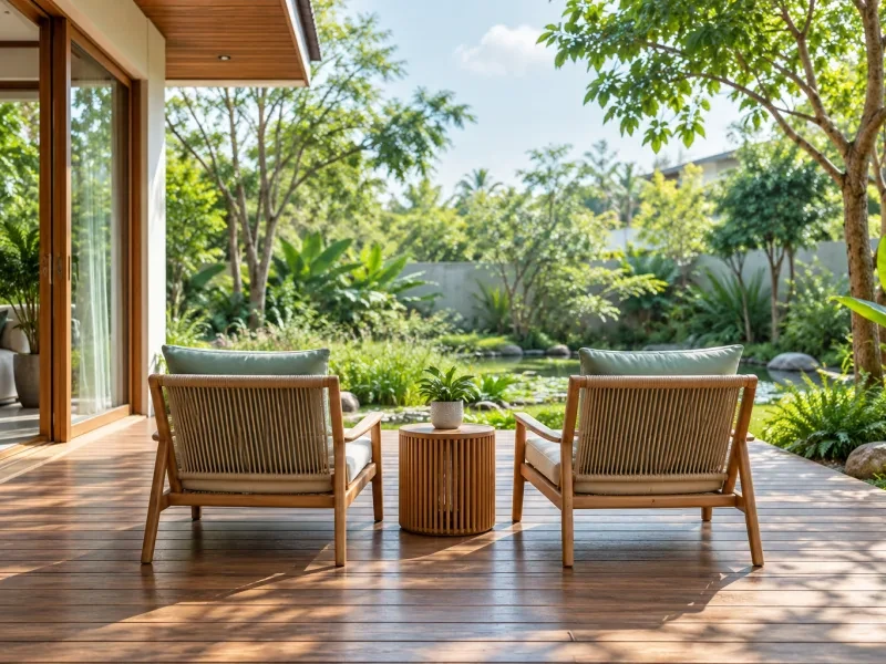 Hiên gỗ có hai ghế nhìn ra vườn