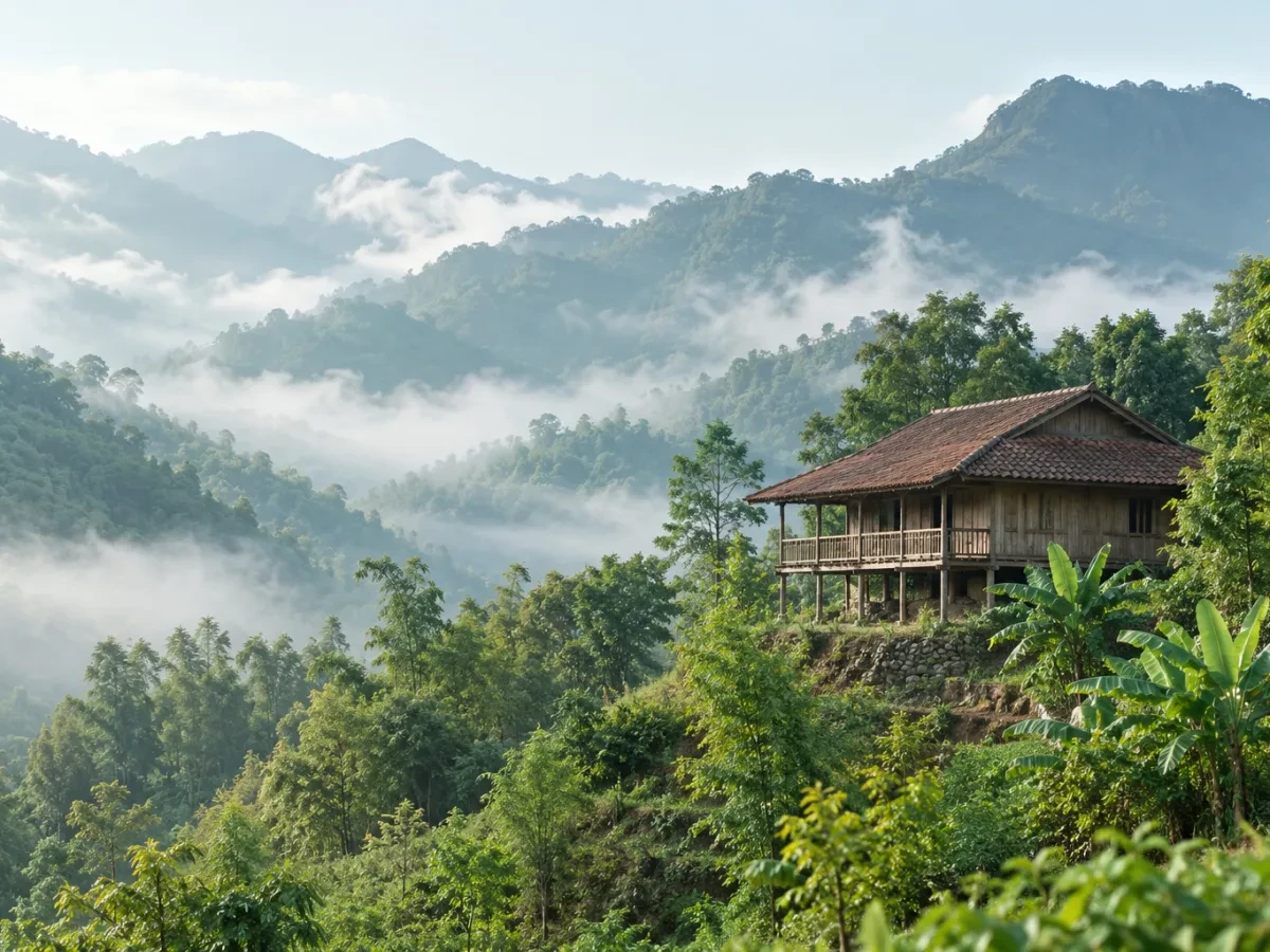 Nhà gỗ nhỏ giữa cây xanh