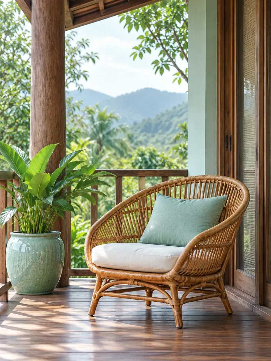Hiên gỗ có ghế mây và chậu cây