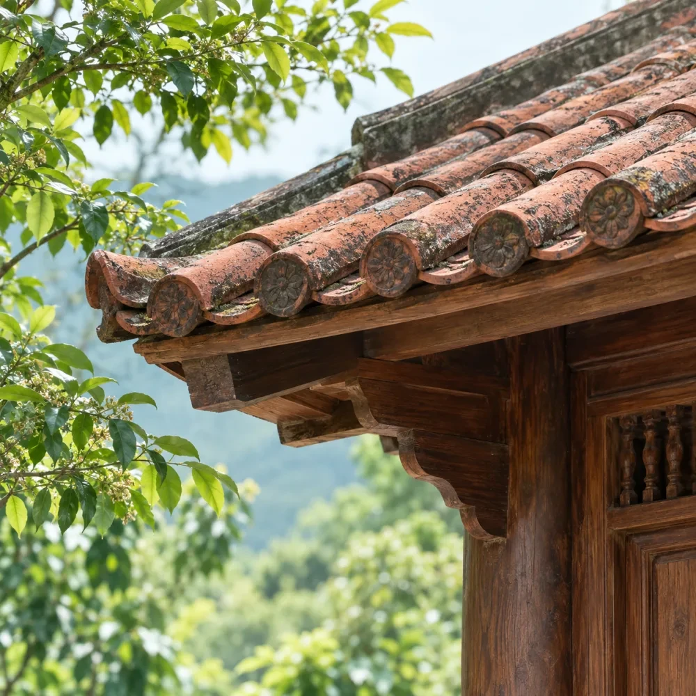 Cận cảnh mép mái ngói của nhà gỗ