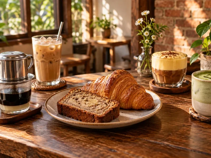 Lát bánh chuối và croissant trên đĩa