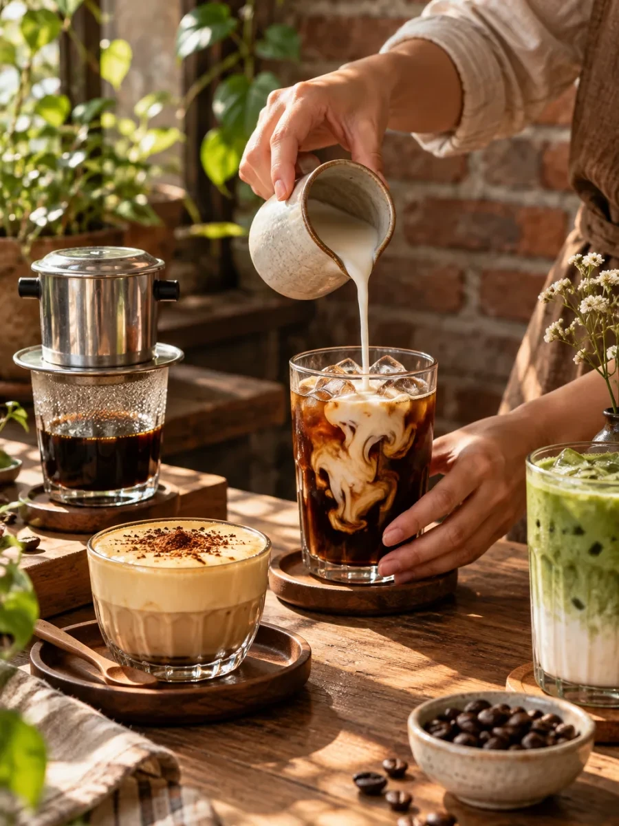 Bàn tay rót sữa vào cà phê