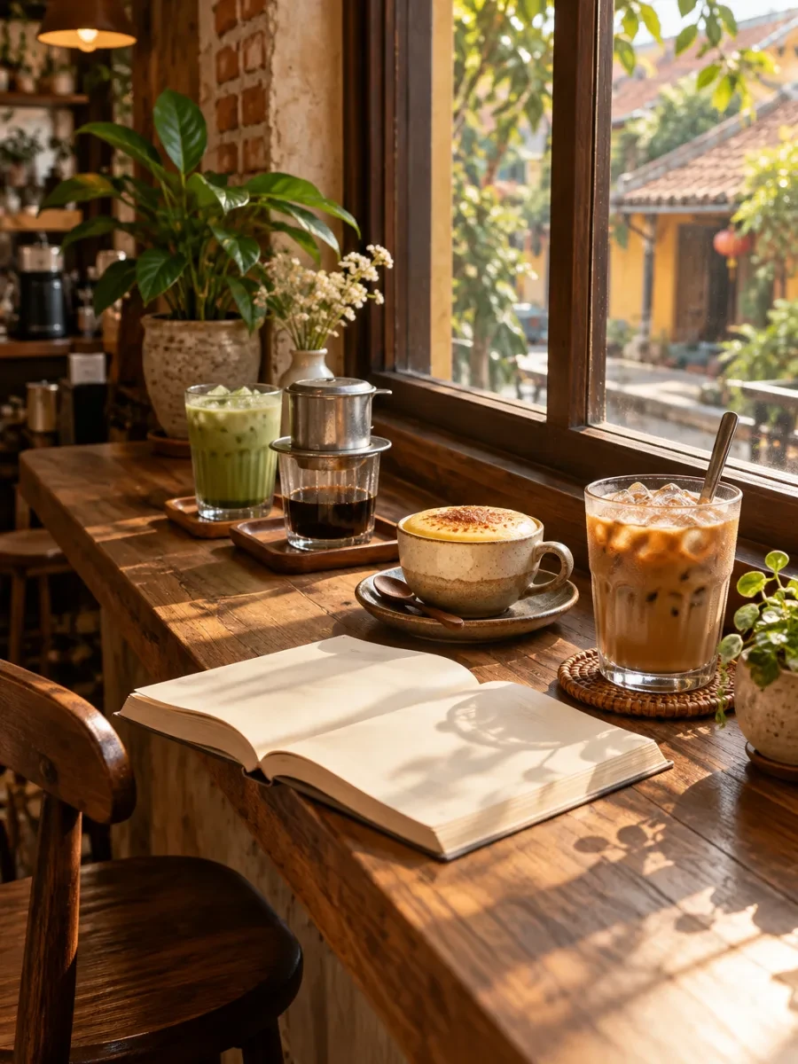 Chỗ ngồi cạnh cửa sổ với ly cà phê và cuốn sách