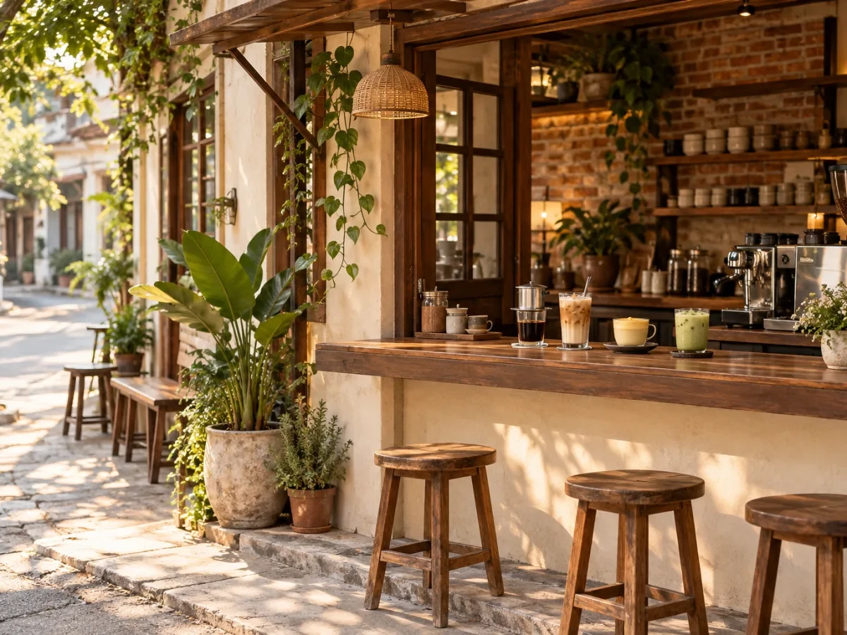 Mặt tiền quán ở góc phố yên tĩnh có cây và ghế đẩu