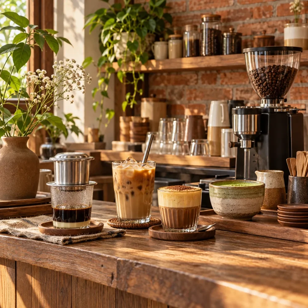 Quầy pha chế có máy xay và cốc
