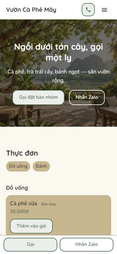 Mẫu Quán cà phê sân vườn trên điện thoại
