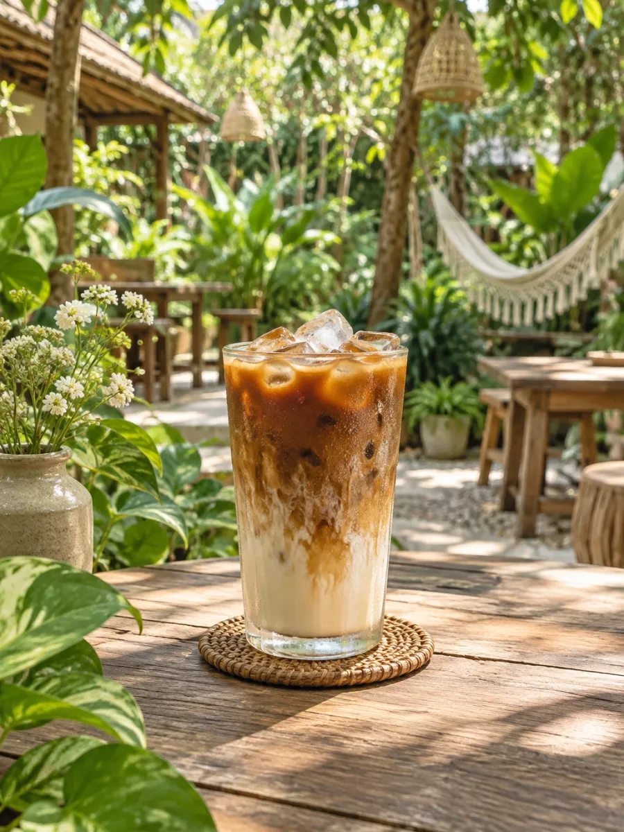 Ly cà phê đá trên bàn gỗ giữa cây xanh