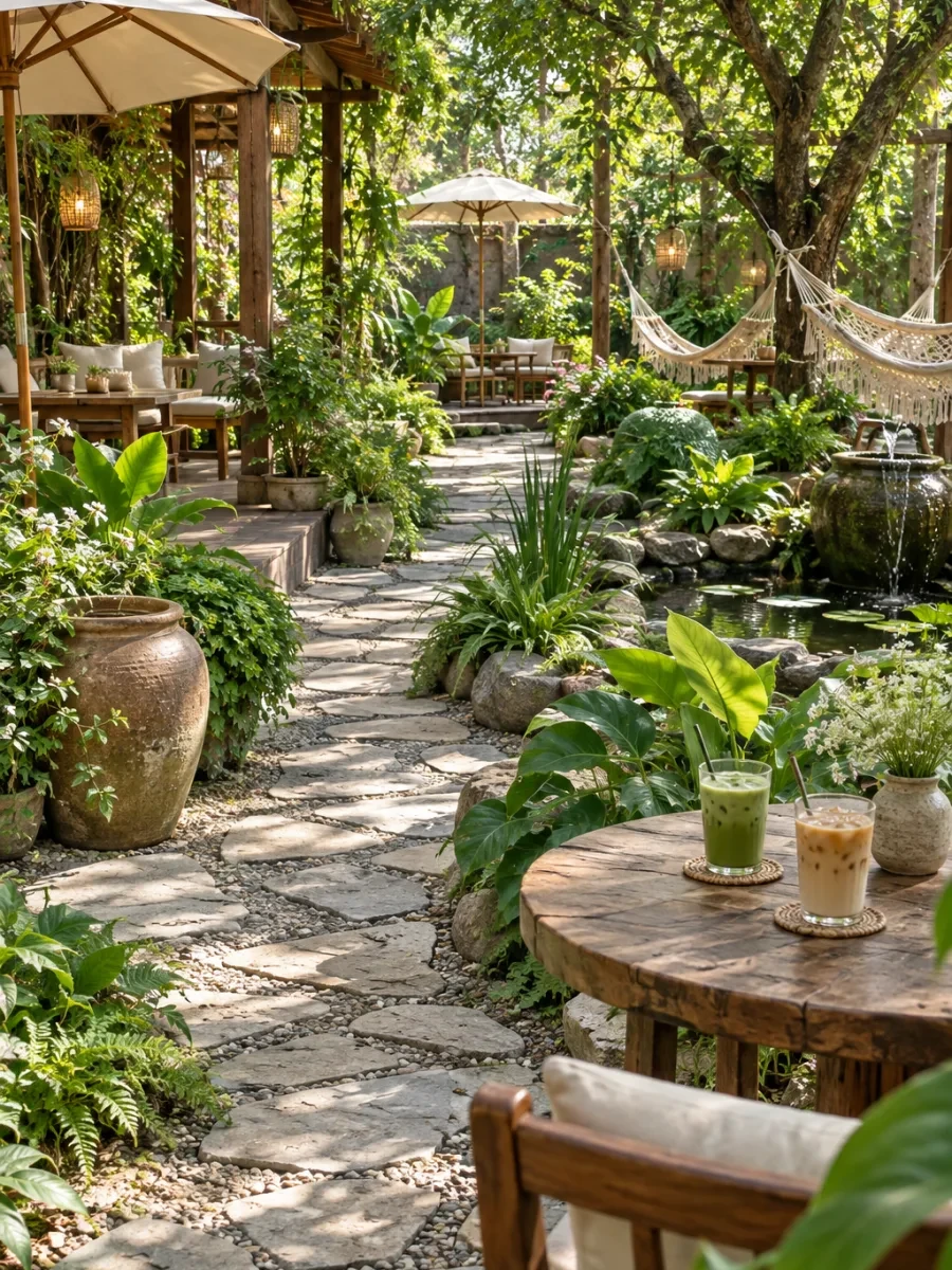 Lối đi lát đá giữa các chậu cây