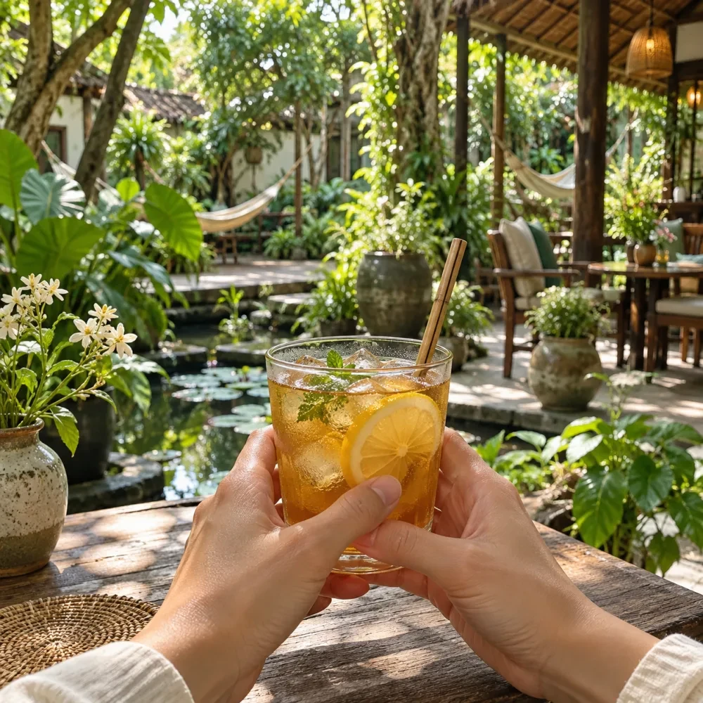 Bàn tay cầm ly trà chanh