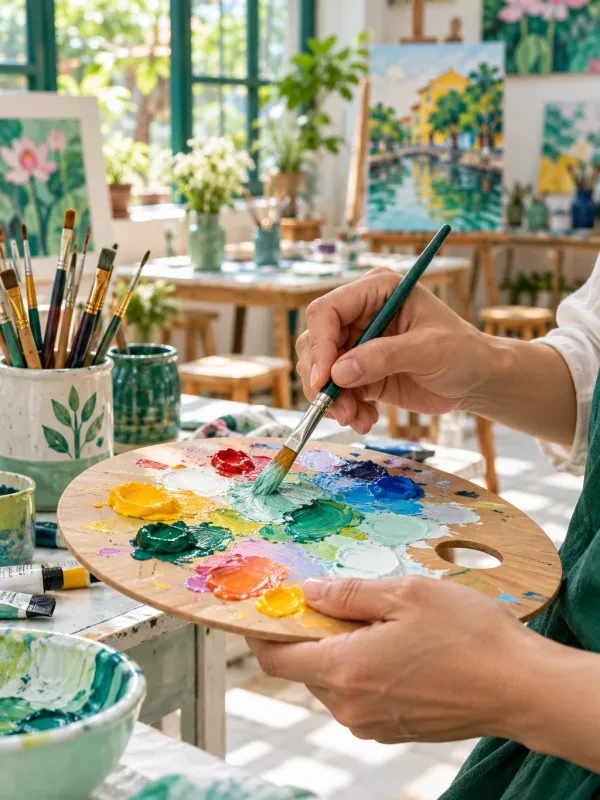 Bàn tay người lớn pha màu trên bảng màu