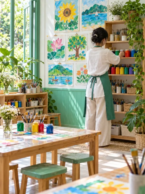 Giáo viên xếp hũ màu và cọ lên kệ gỗ, nhìn từ phía sau