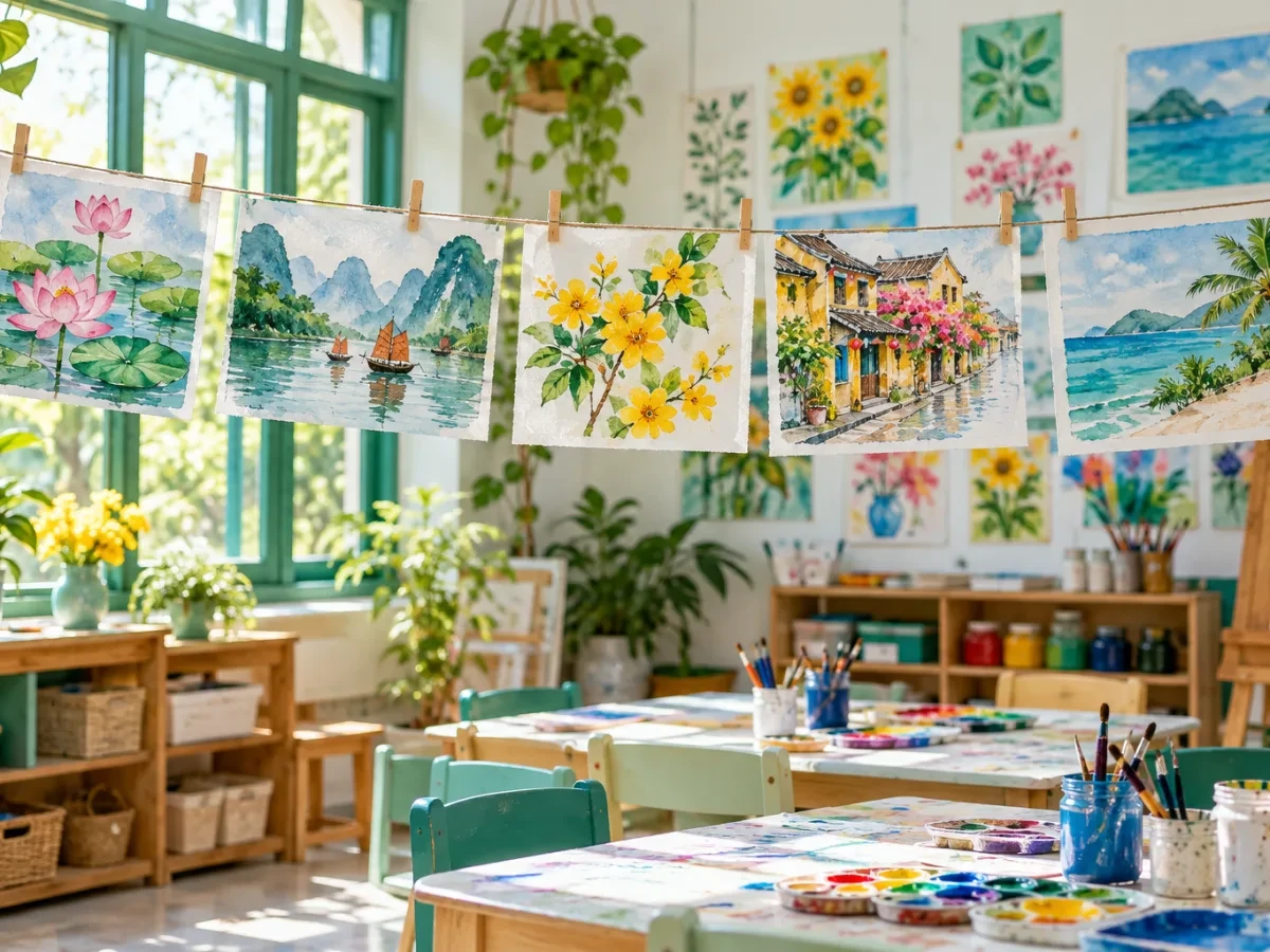 Hàng tranh màu nước phơi trên dây kẹp