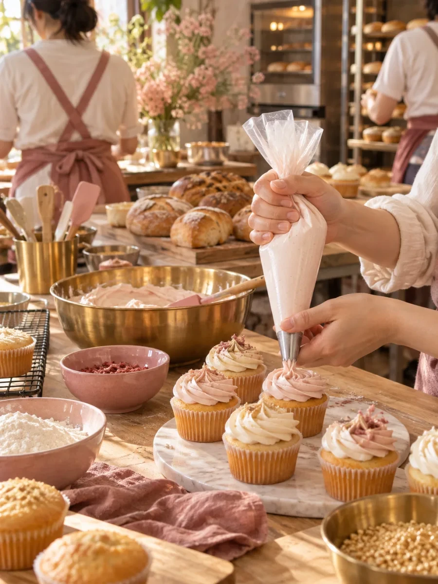 Bàn tay bắt kem lên bánh cupcake