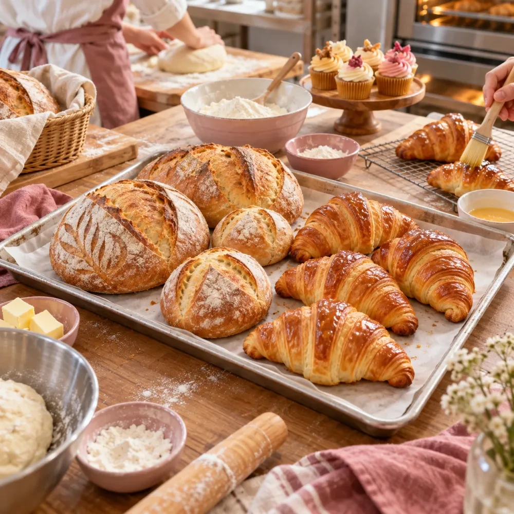 Ổ bánh mì và bánh sừng bò mới nướng trên khay nhìn từ trên xuống
