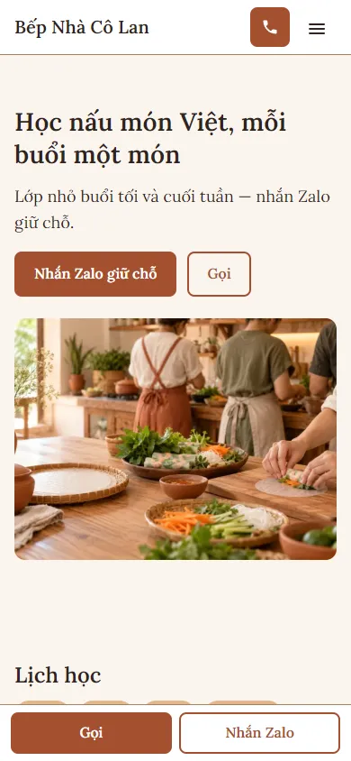 Mẫu Lớp nấu món Việt trên điện thoại