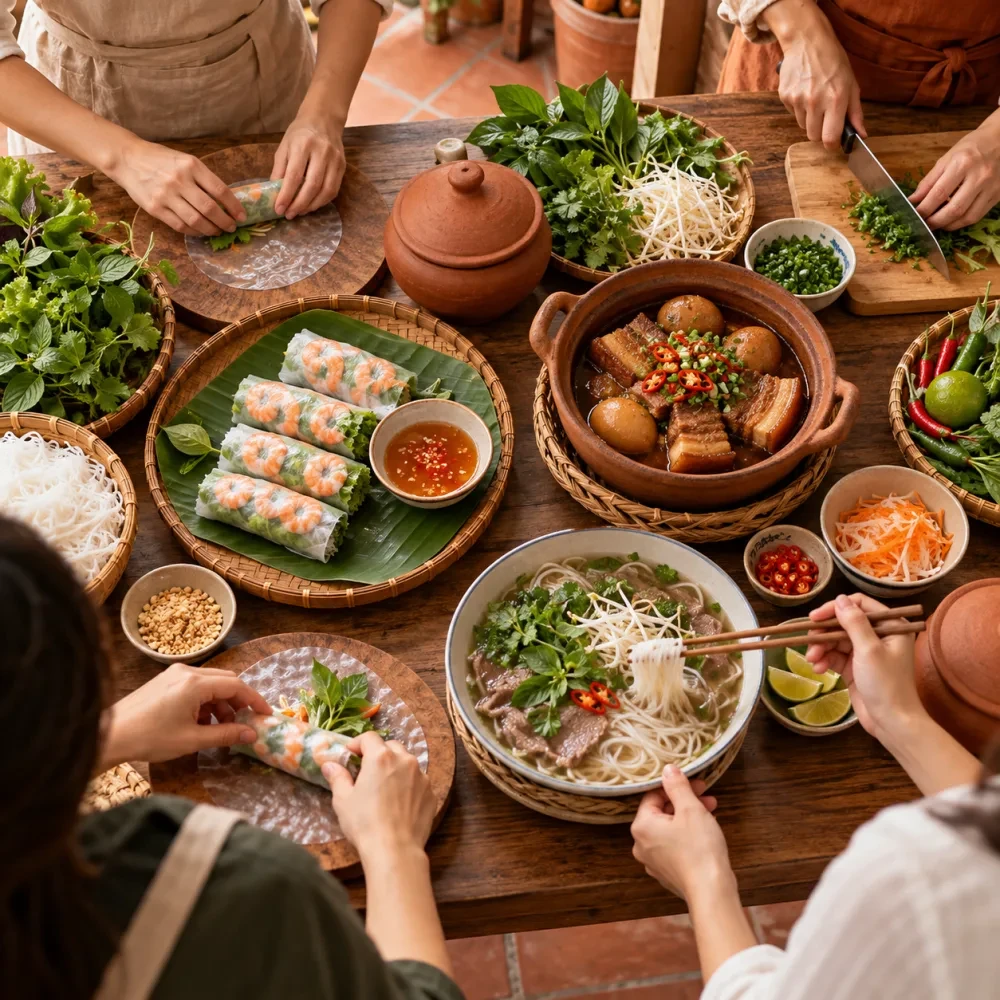 Gỏi cuốn, phở và thịt kho nhìn từ trên xuống