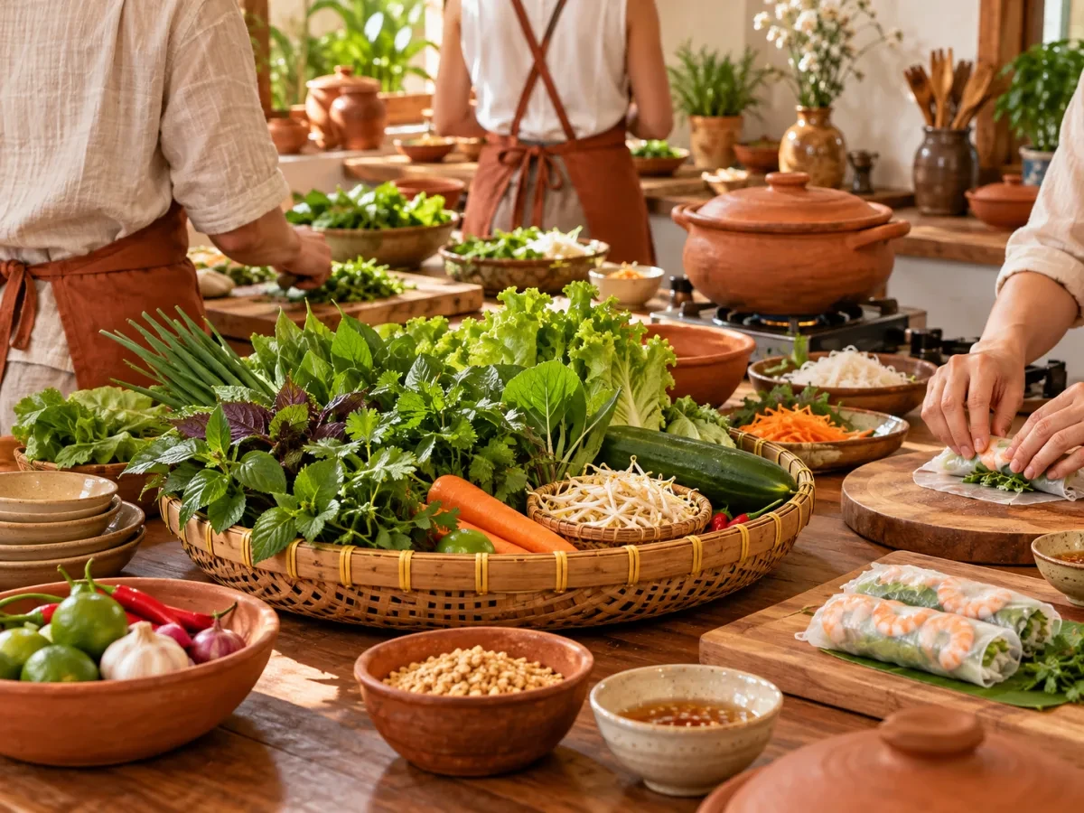 Rổ rau và rau thơm mua ở chợ