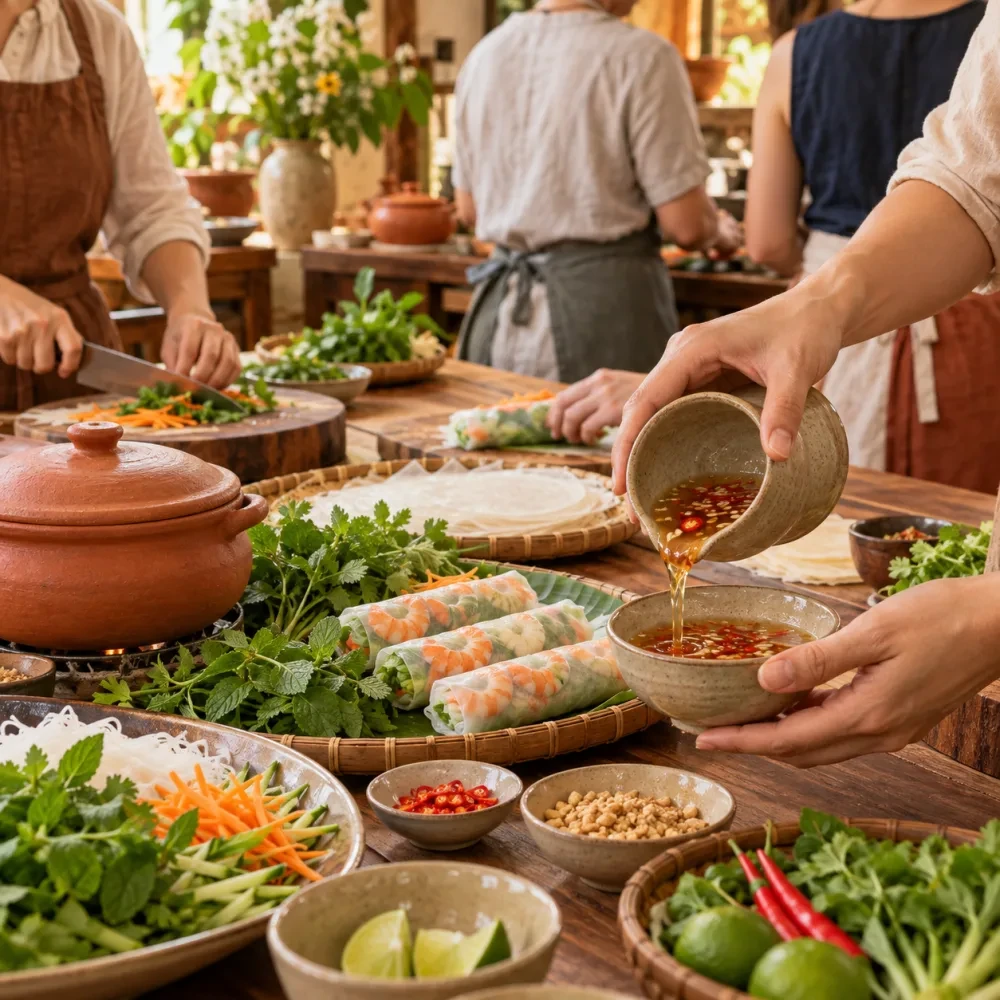 Bàn tay rót nước chấm vào chén nhỏ