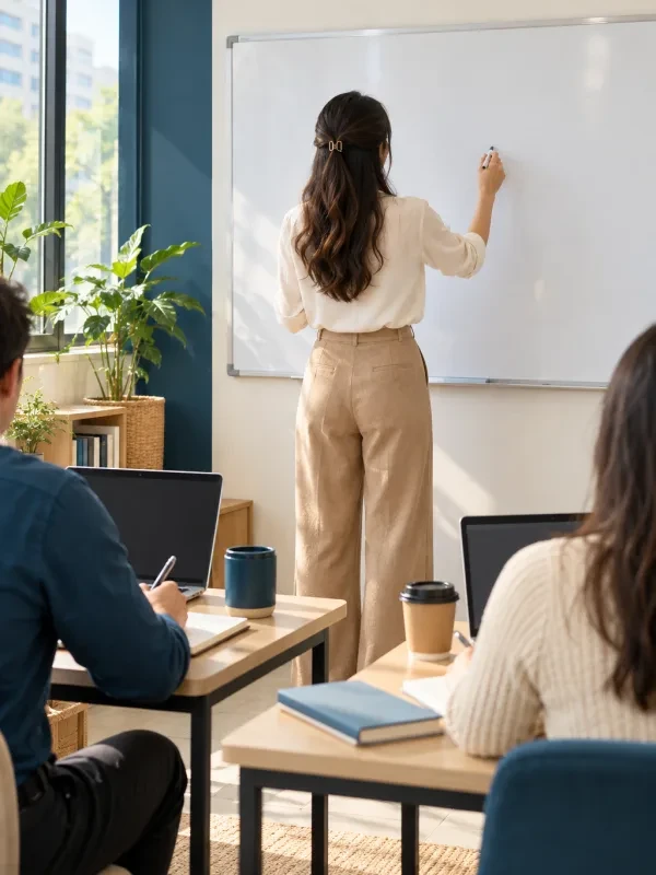 Giáo viên đứng trước bảng trắng trống, nhìn từ phía sau