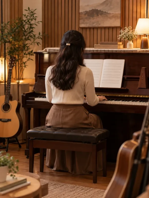 Cô giáo nhìn từ phía sau đang chơi piano