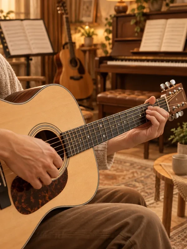 Bàn tay người lớn chơi đàn guitar