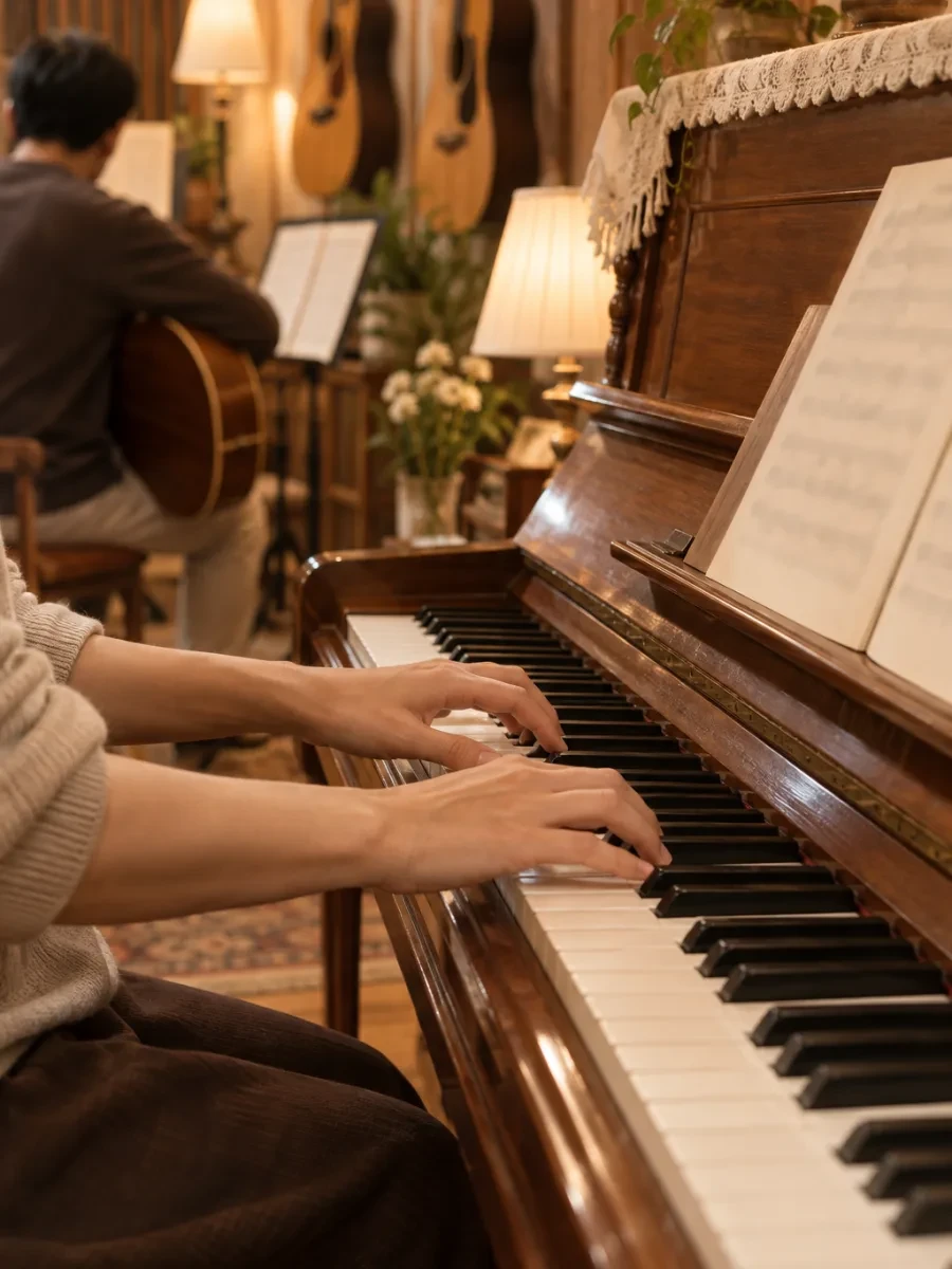 Cận cảnh bàn tay người lớn trên phím đàn piano