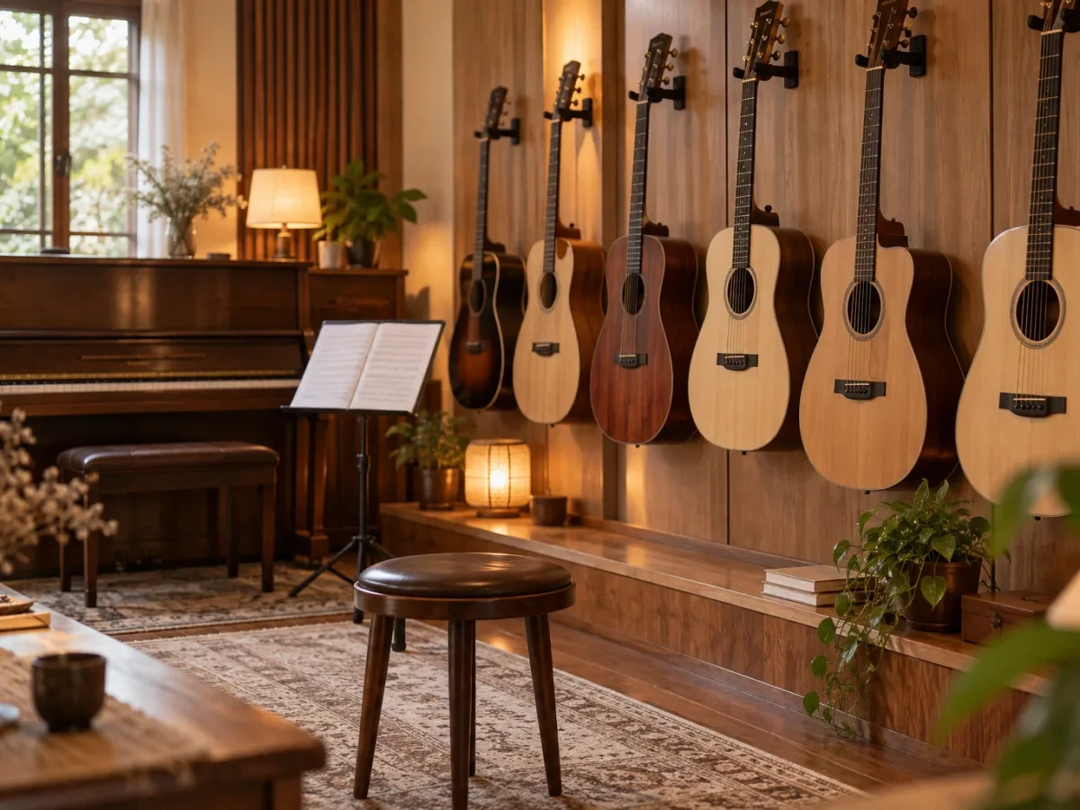 Hàng đàn guitar treo trên tường gỗ