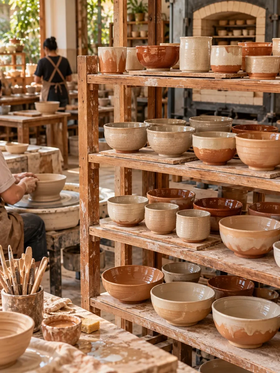 Kệ gỗ phơi cốc và bát đã tráng men