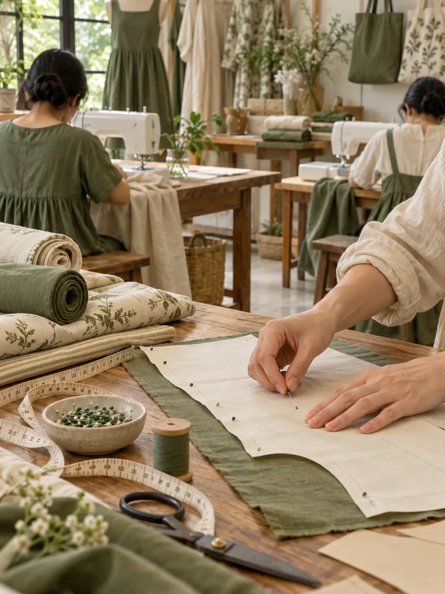 Bàn tay ghim rập giấy lên vải
