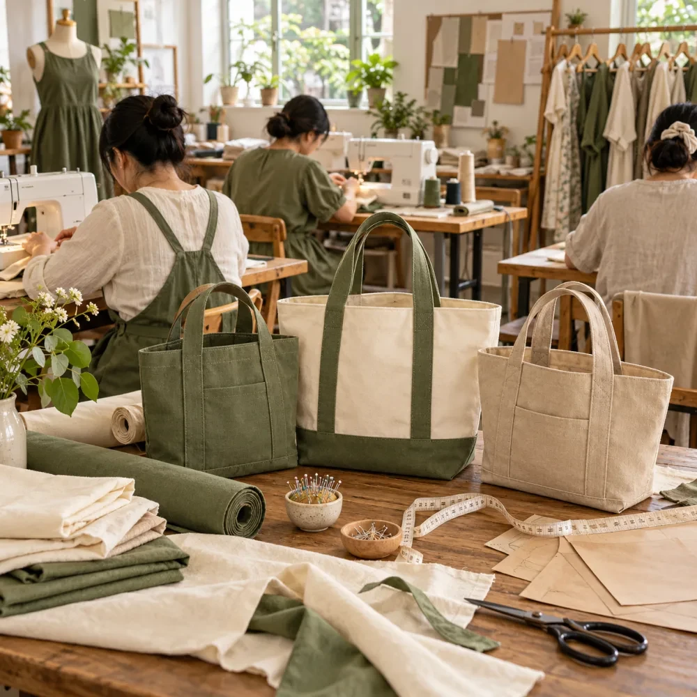 Túi vải canvas đã may xong trên bàn