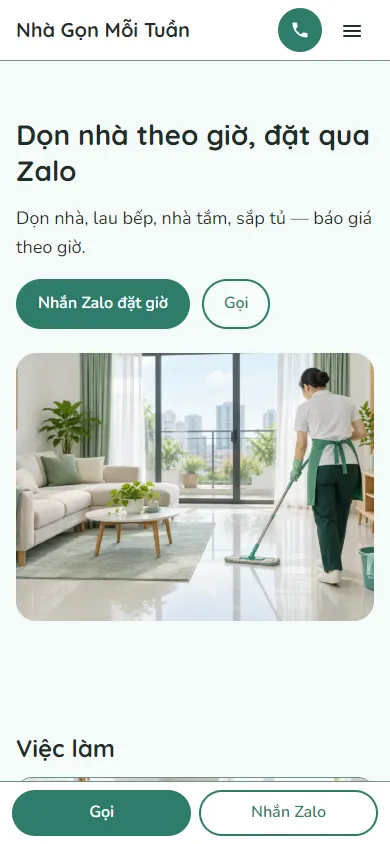 Mẫu Dọn nhà theo giờ trên điện thoại