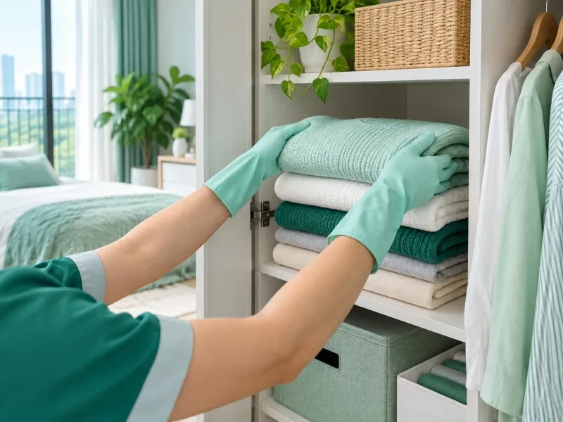 Bàn tay gấp quần áo xếp vào tủ