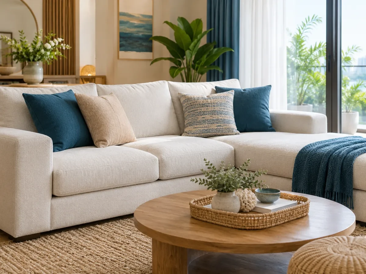 Phòng khách có sofa sạch, gối xếp gọn