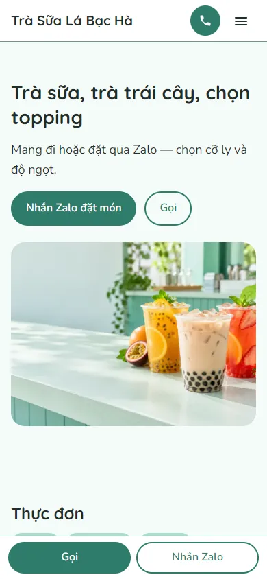 Mẫu Shop trà sữa, trà trái cây trên điện thoại