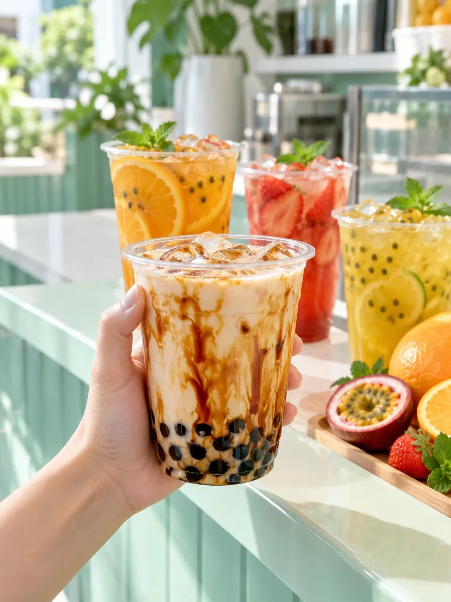 Bàn tay cầm ly trà sữa đường đen có trân châu