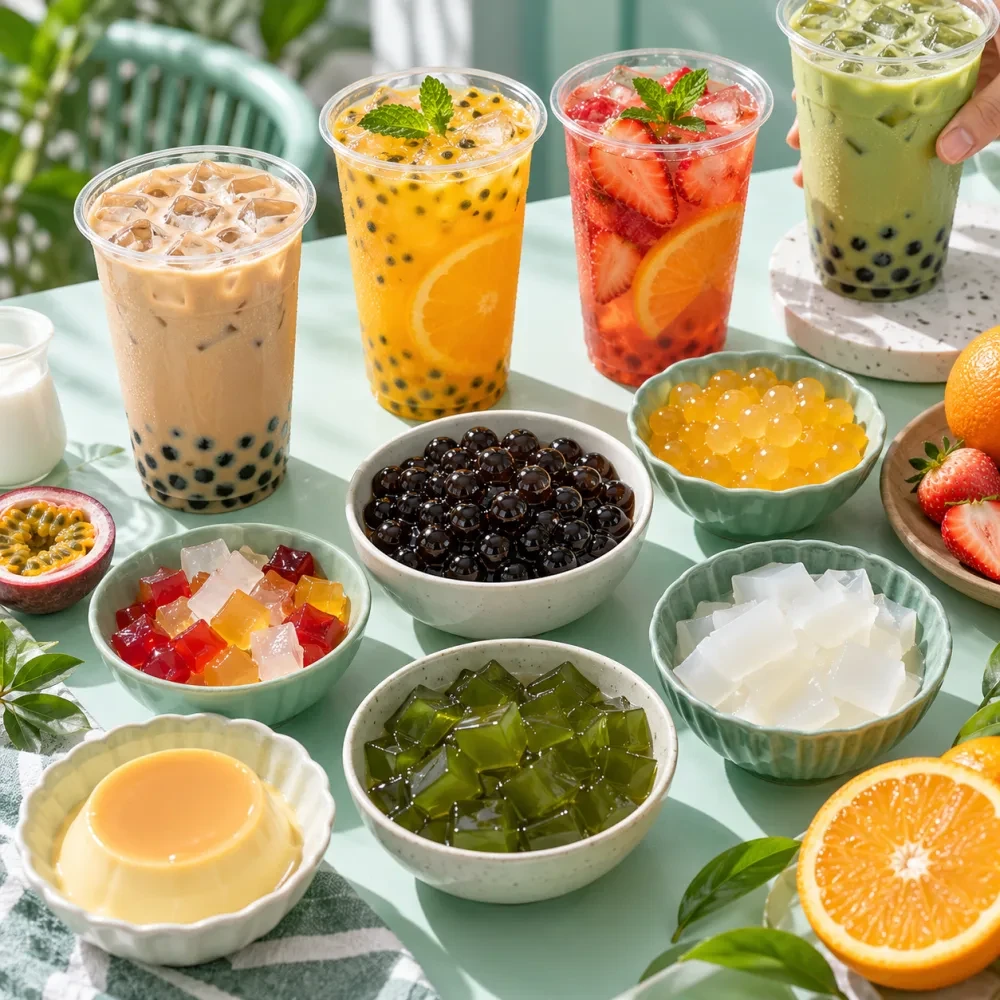 Những bát topping nhỏ: trân châu, thạch, pudding nhìn từ trên xuống