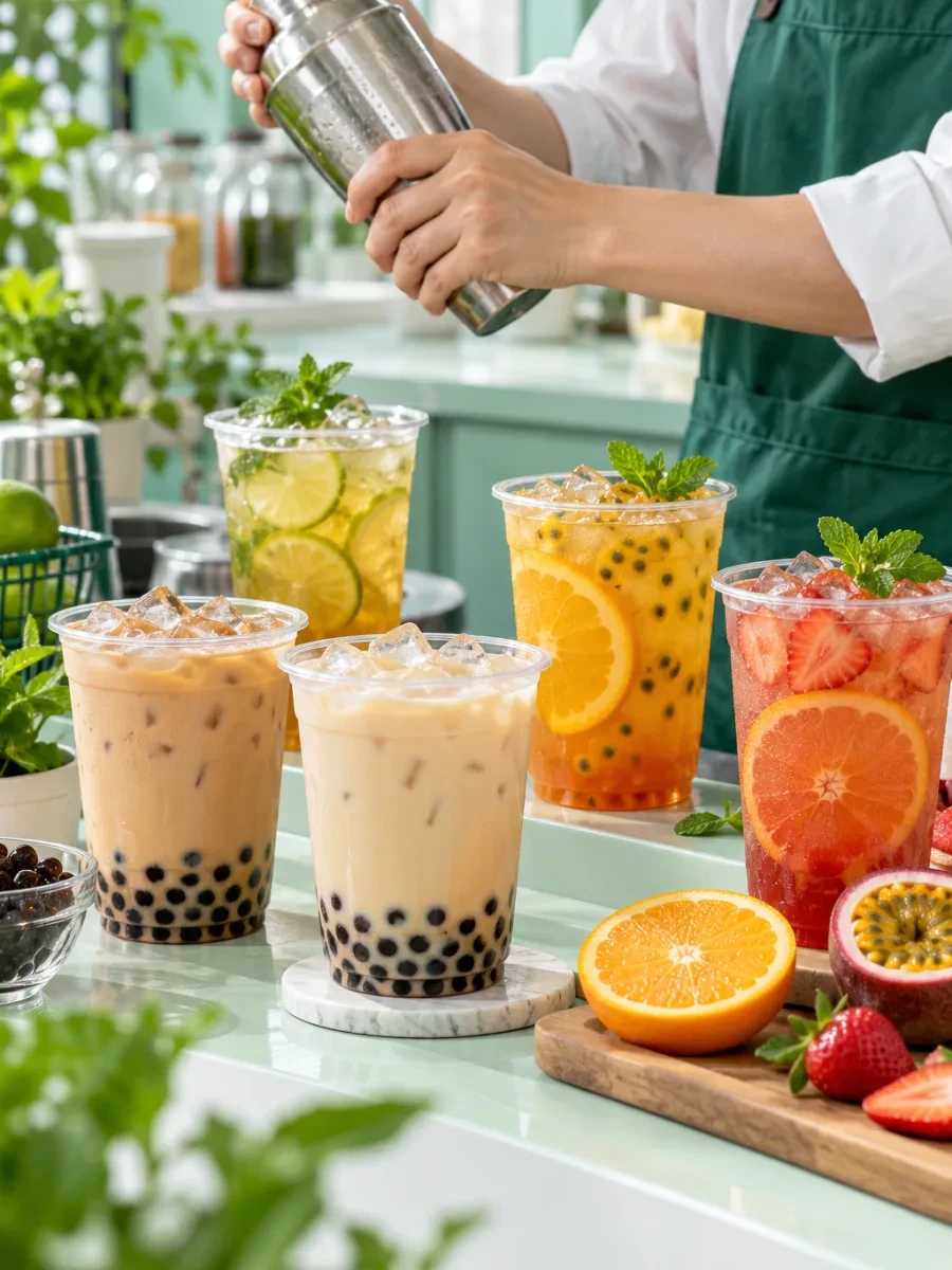 Đôi tay lắc trà trong bình lắc sau quầy