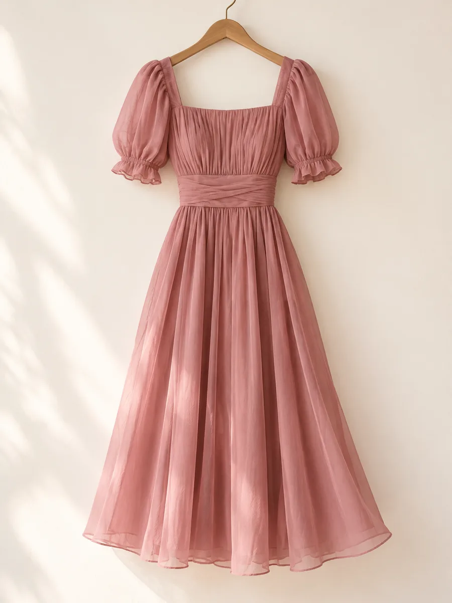Đầm midi hồng tay bồng