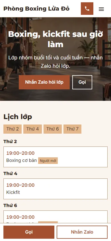 Mẫu Phòng tập boxing, kickfit trên điện thoại