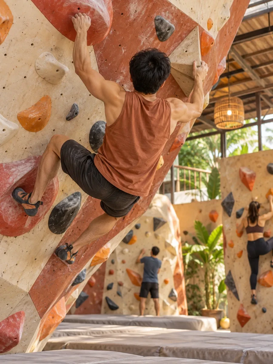 Người leo nhìn từ phía sau trên tường dốc